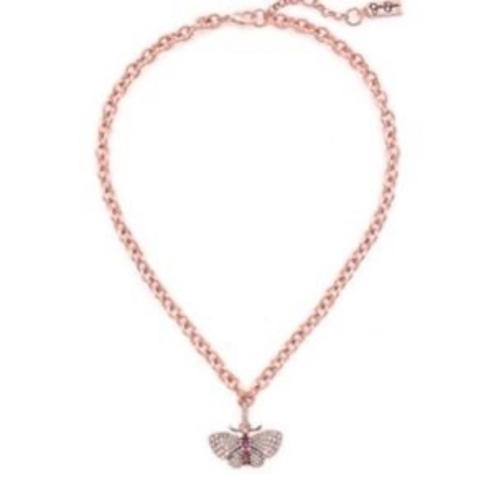 NWT Jessica Simpson Crystal Rhinestone Butterfly Necklace Rose Gold Tone